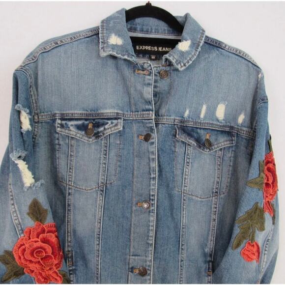 Express Distressed Blue Denim Rose Embroidered Jacket - S/XS - Picture 3 of 11